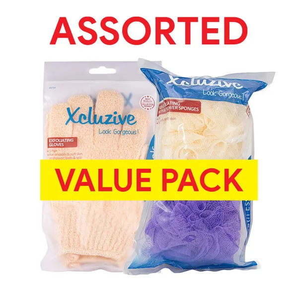 Xcluzive Exfoliating Gloves 2 Pcs & Bath Sponges 2 Pcs Asstd X2 Value Pack